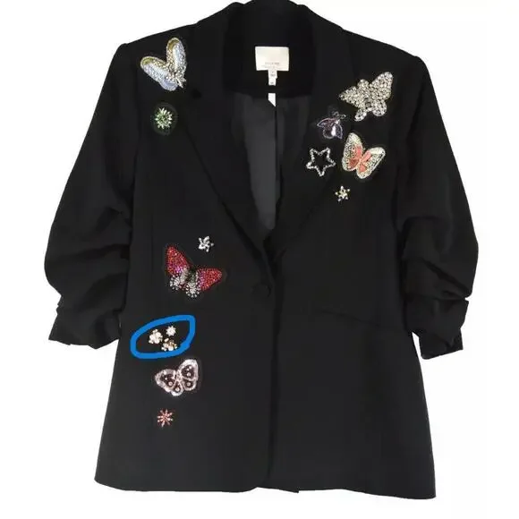 NEW, Cinq A Sept replaced beads BLACK Butterfly Emb Kylie Jacket size 4 #SJ143